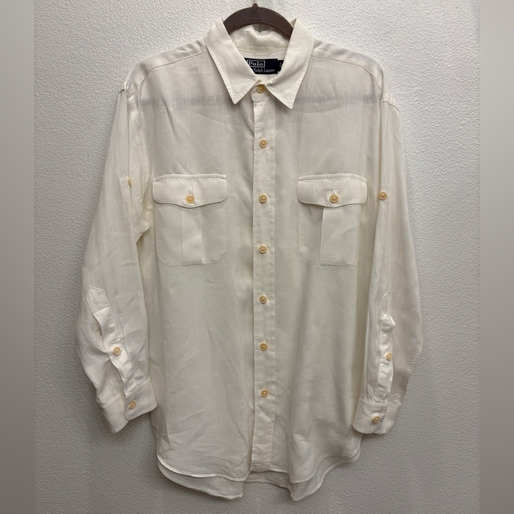 Polo by Ralph Lauren White Linen Tab Sleeve Front Pocketed Mens Shirt Size L
